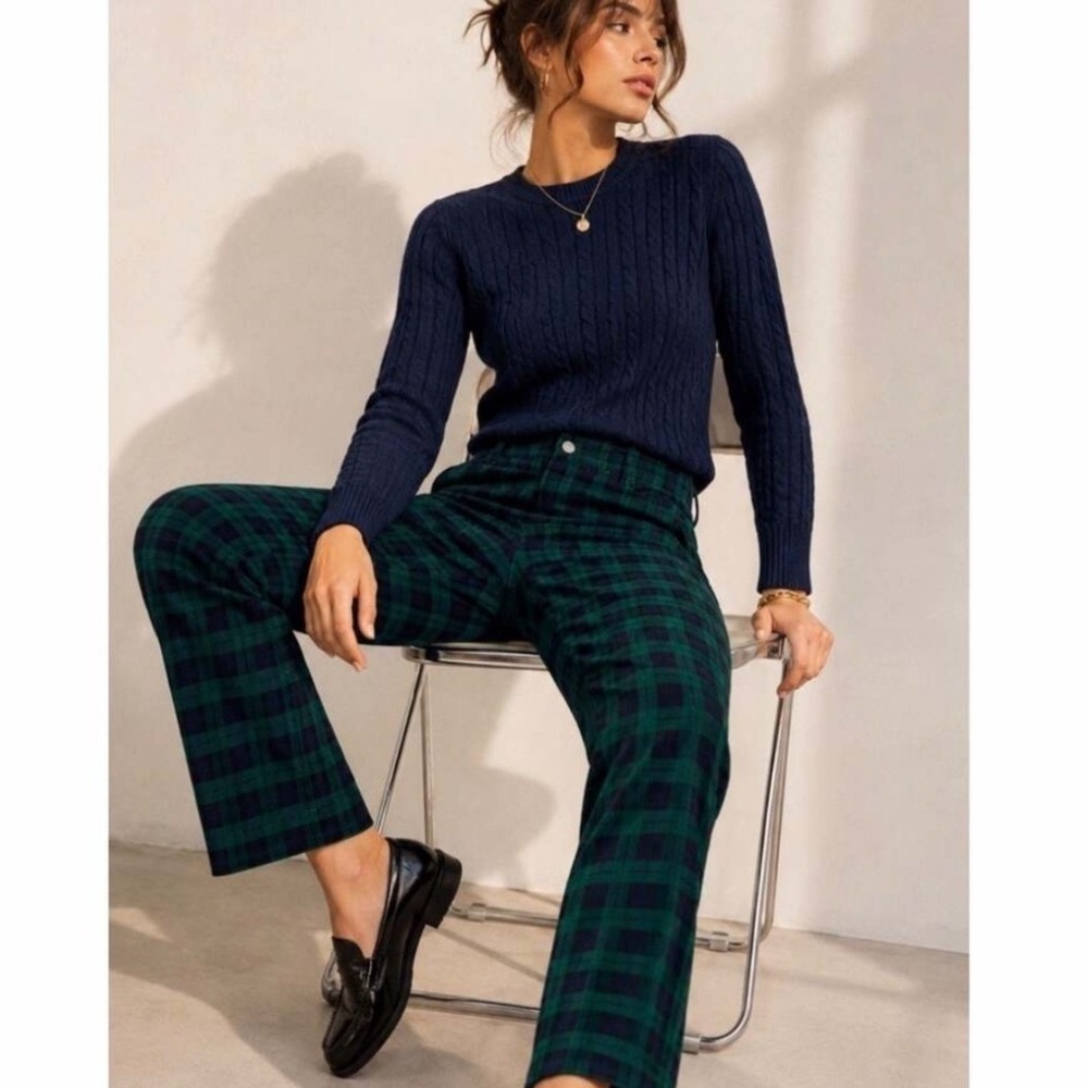 NWT Talbots Velveteen Straight Leg Pant Green Black Plaid Stretch Sz 12P